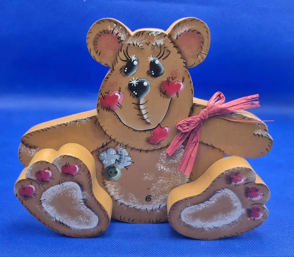 Vintage Handcrafted Tole Painted Wood Sitting Teddy Bear Free Standing 8x7x2
